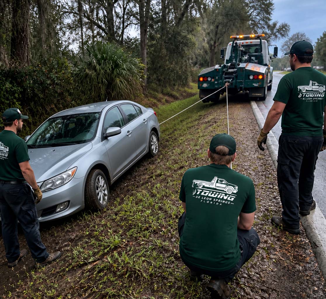 Tow truck winching a vehicle out of a ditch near SR-40