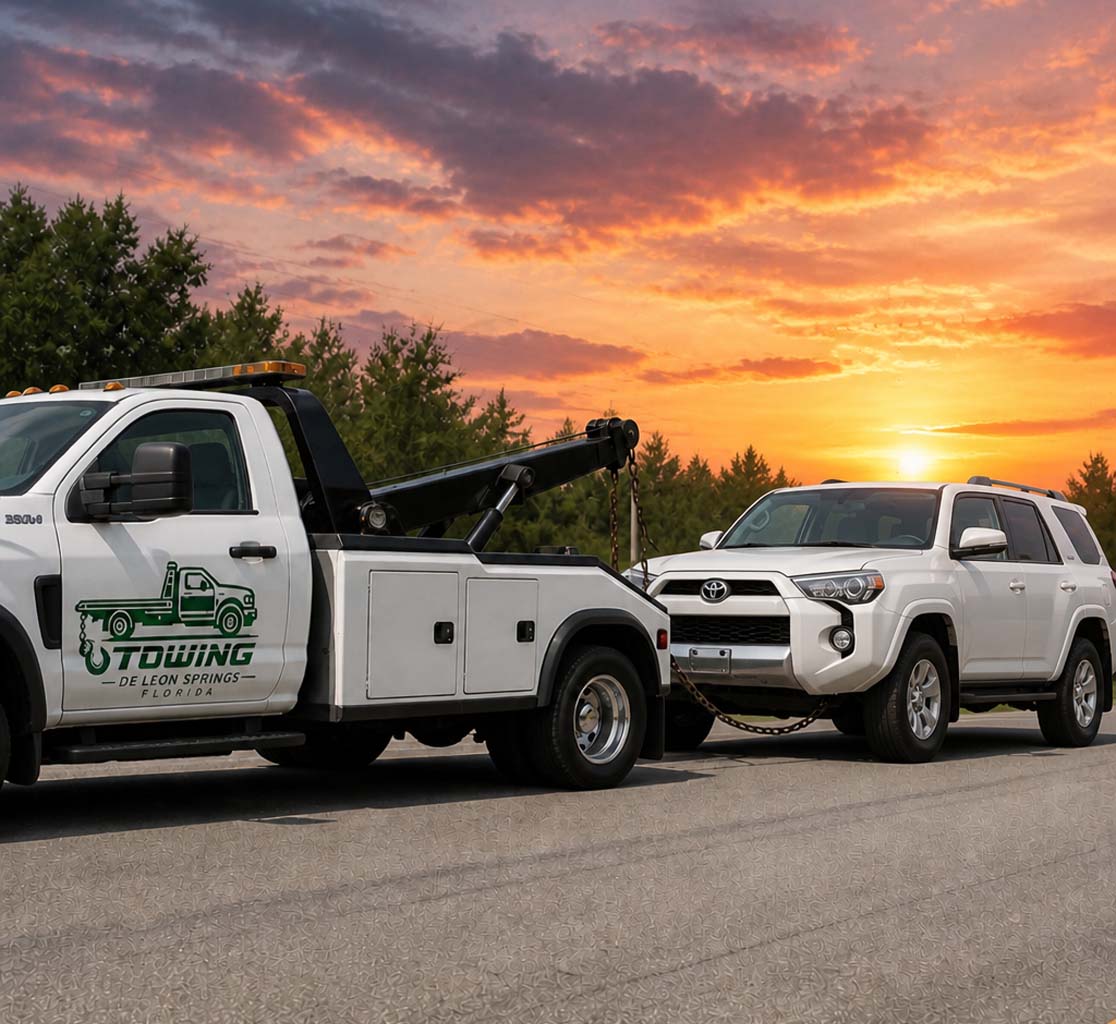 Medium-duty tow truck with a work van near De Leon Springs