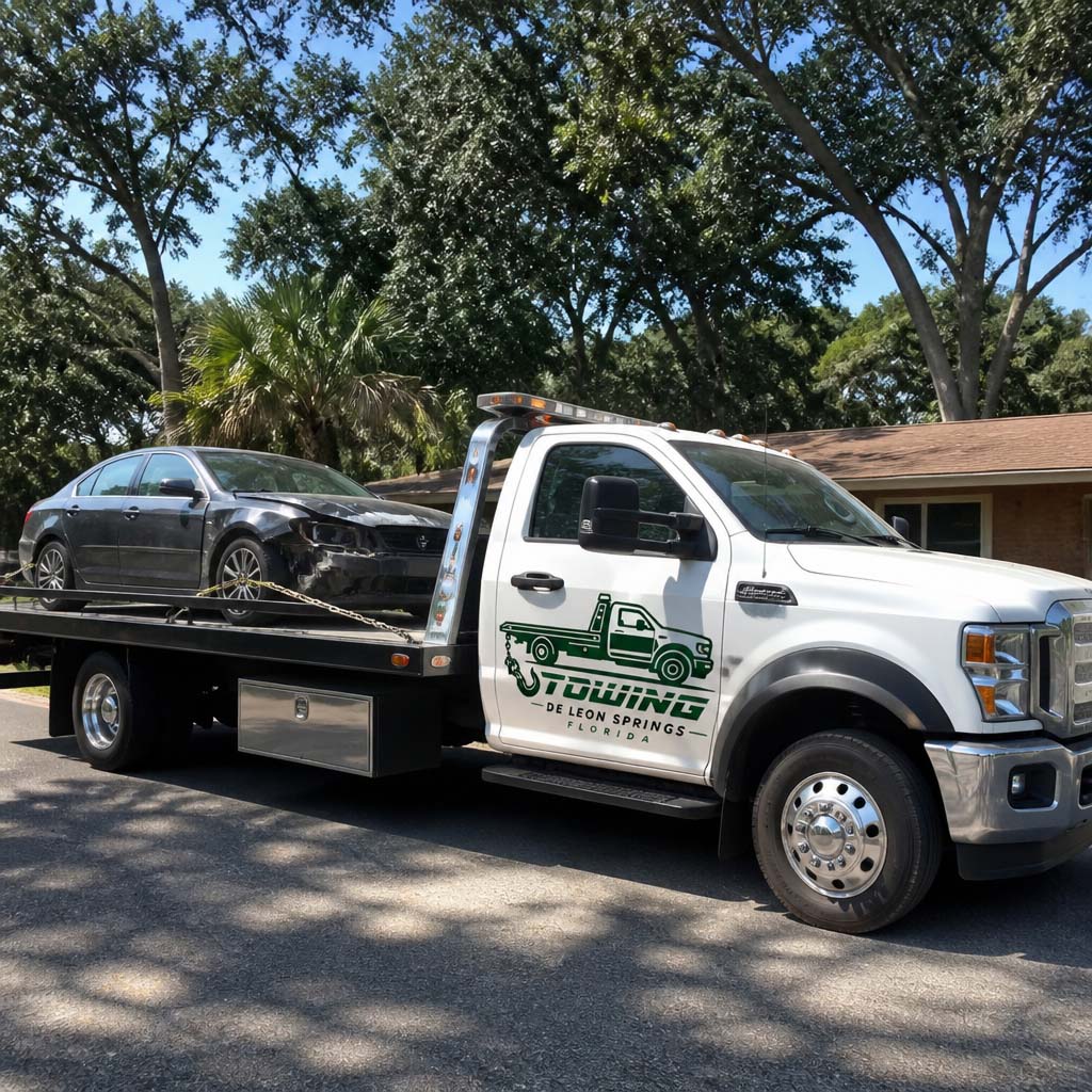 Old junk vehicle being hauled away in De Leon Springs