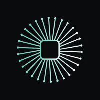 Stilisierter grüner Mikrochip als Quadrat, von radialen Strahlen mit Punkten umgeben, dunkler Hintergrund