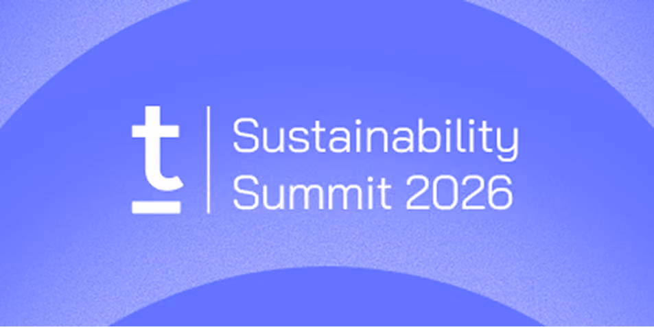 Logo des Sustainability Summit 2026 mit einem stilisierten Buchstaben t auf blau-lila Hintergrund.