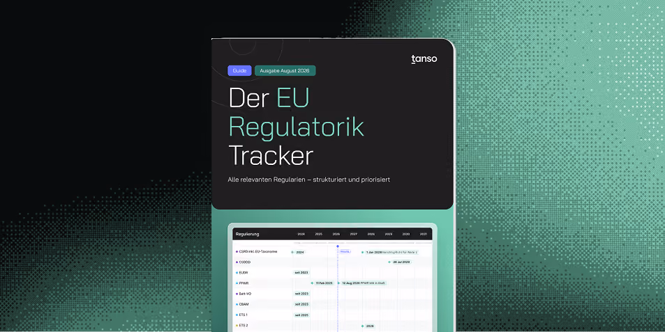 Digitales Cover eines EU-Regulatorik-Trackers mit Text: 'Der EU Regulatorik Tracker, alle relevanten Regularien – strukturiert und priorisiert'. Darunter eine Tabelle mit verschiedenen EU-Regulierungen und deren Zeitachsen von 2024 bis 2030, dargestellt in einer modernen, grünen und schwarzen Farbgebung.