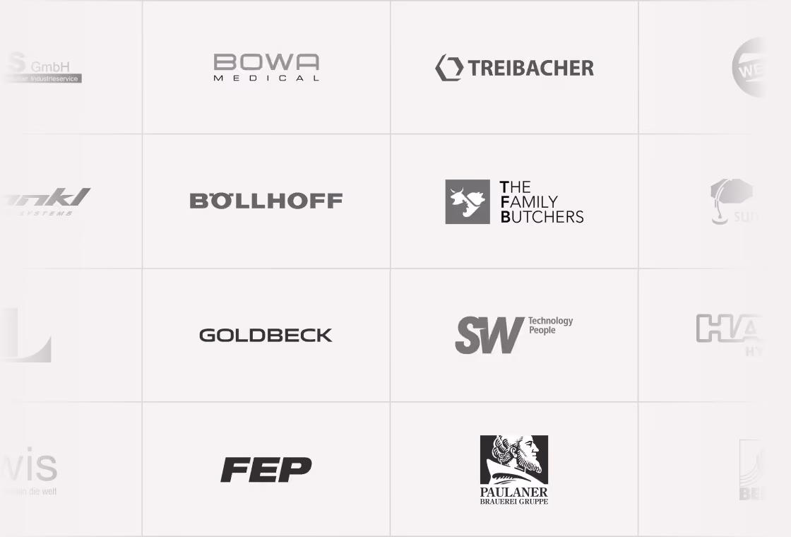 A grid of logos from various companies including Bowa Medical, Treibacher, Böllhoff, The Family Butchers, Goldbeck, SW Technology People, FEP, and Paulaner Brauerei Gruppe.