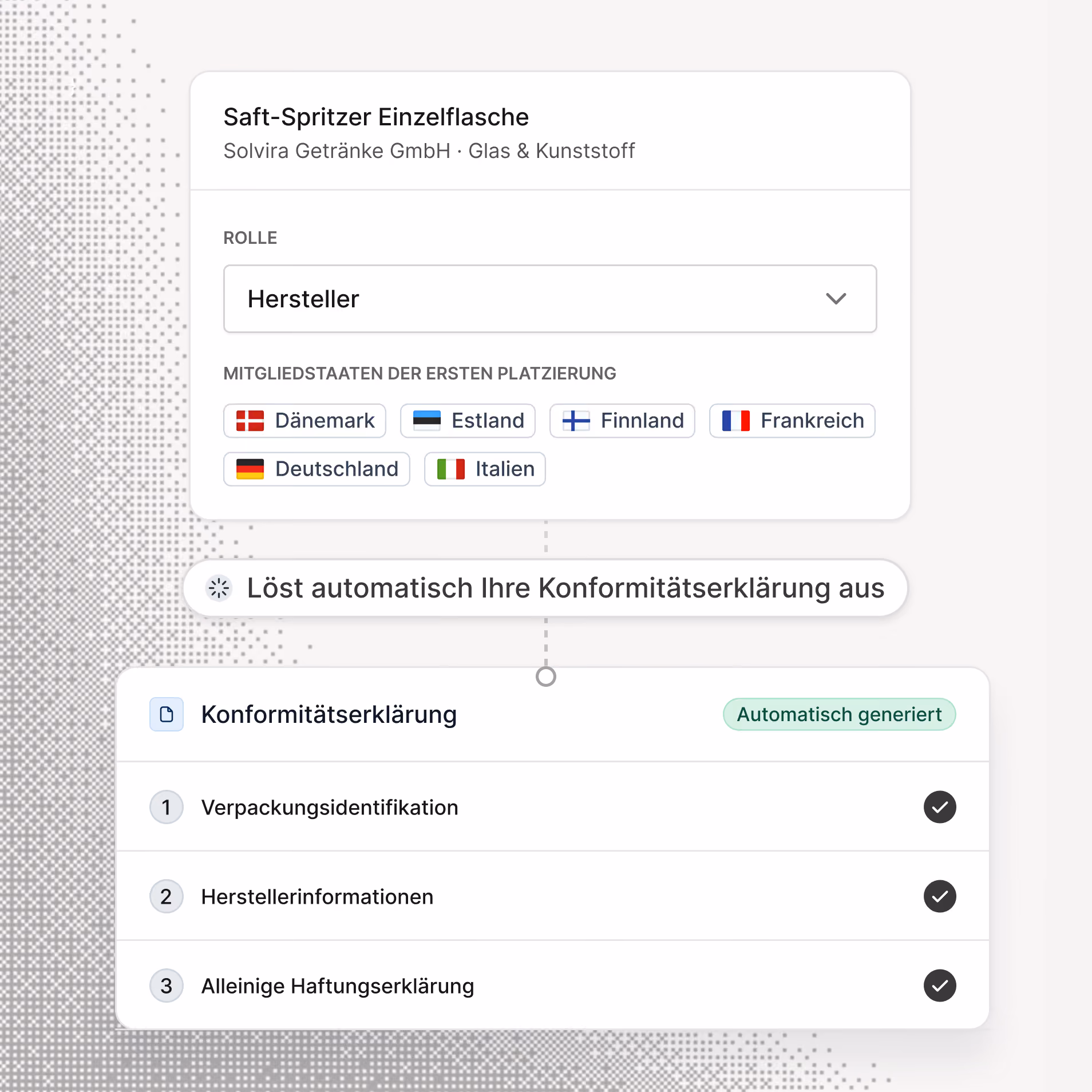Benutzeroberfläche mit Angaben zur Saft-Spritzer Einzelflasche von Solvira Getränke GmbH aus Glas & Kunststoff, ausgewählt als Herstellerrolle. Die ersten Platzierungen sind Dänemark, Estland, Finnland, Frankreich, Deutschland und Italien. Automatische Auslösung der Konformitätserklärung mit automatisch generierten Abschnitten: Verpackungsidentifikation, Herstellerinformationen und Alleinige Haftungserklärung, jeweils mit Bestätigungszeichen.