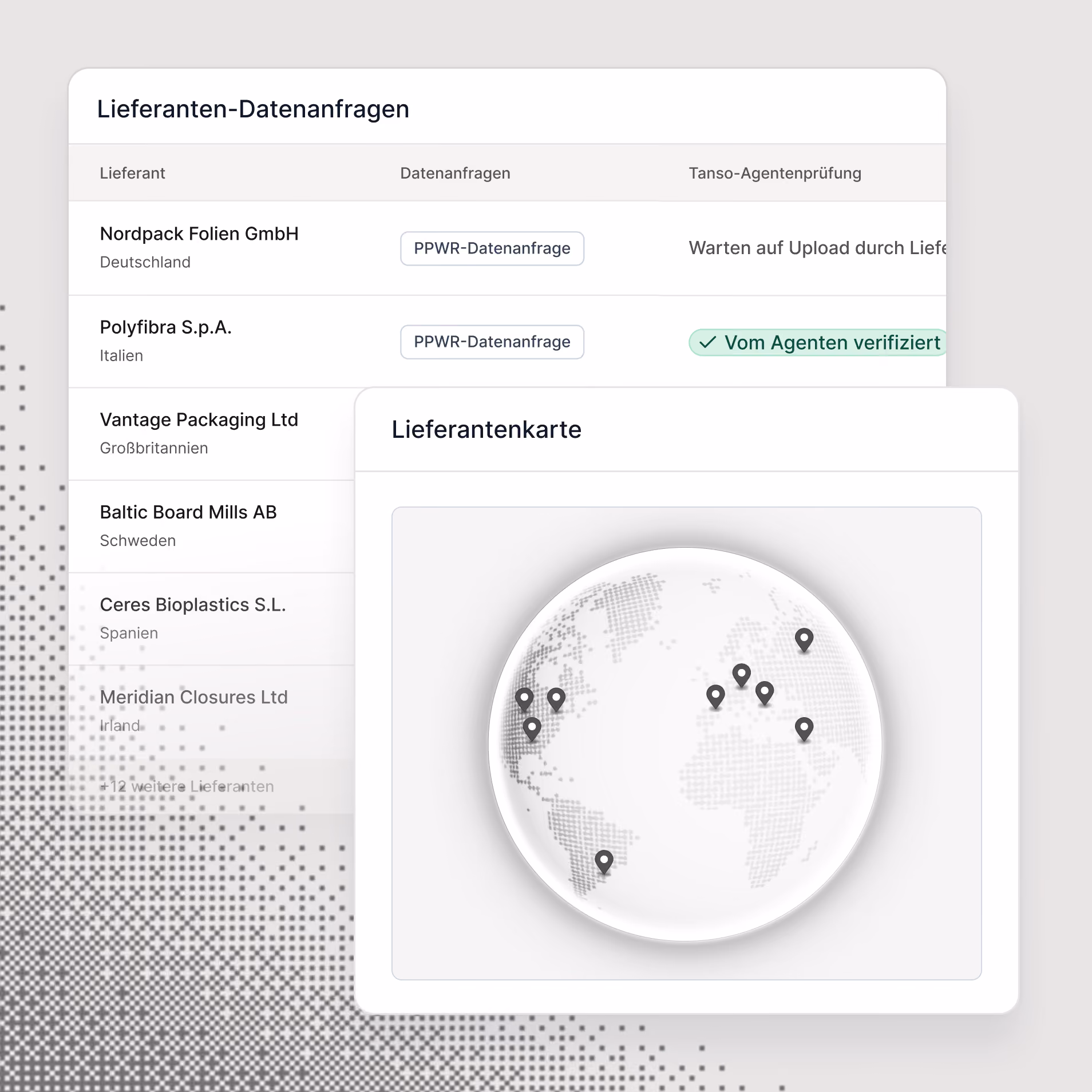 Tabelle mit Lieferanten-Datenanfragen zeigt Firmen aus verschiedenen Ländern, darunter Deutschland, Italien, Großbritannien, Schweden, Spanien und Irland, mit Status zu PPWR-Datenanfragen und Tanso-Agentenprüfung; daneben ist eine Lieferantenkarte mit markierten Standorten weltweit, darunter Nord- und Südamerika sowie Europa.