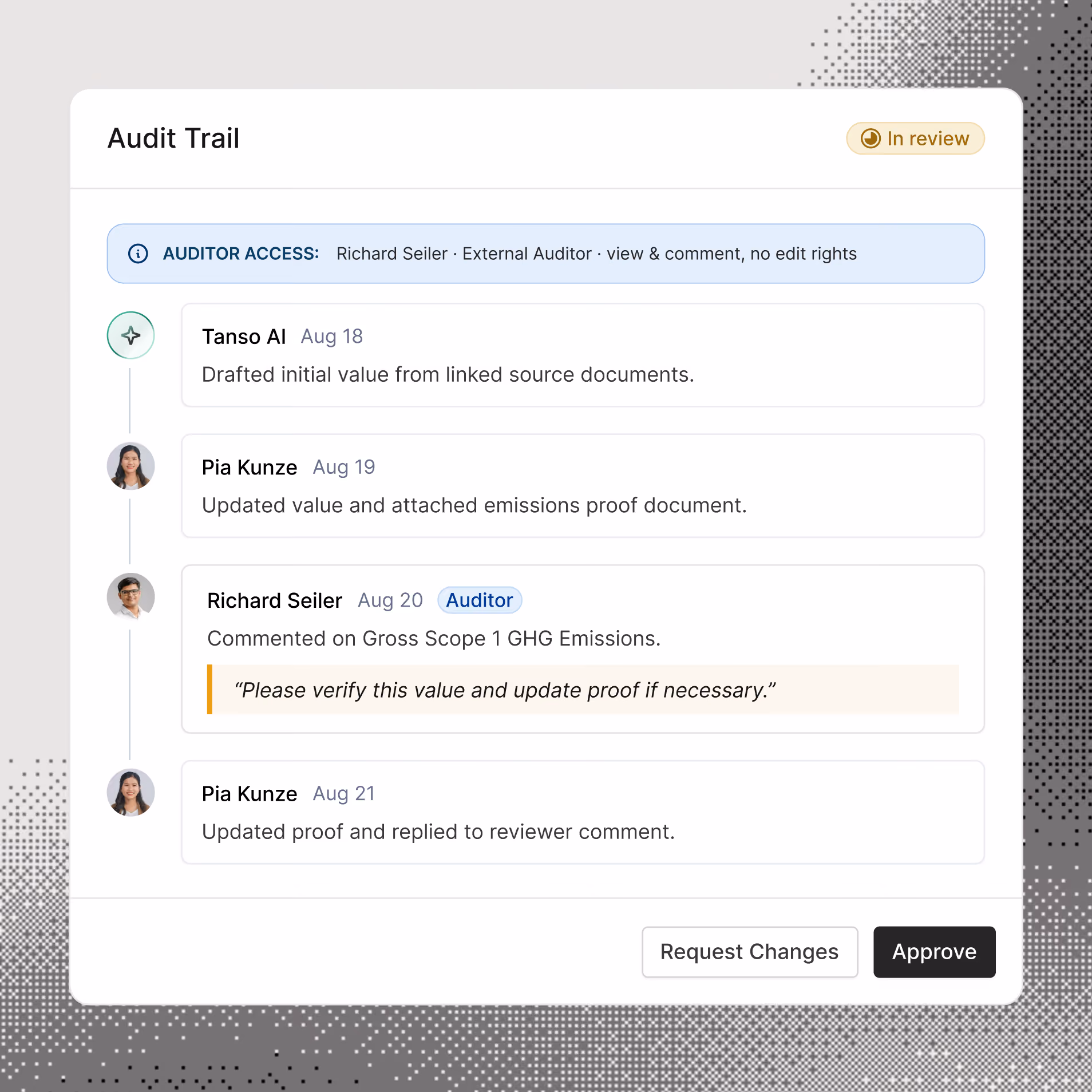 Produkttabelle mit Emissionswerten und Freigabestatus für Kunden und Auditoren in Tanso