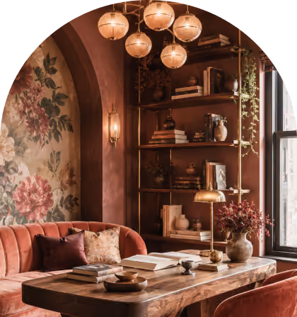 Cozy reading nook with a curved velvet sofa and floral cushions, a wooden table with books and decorative vases, a tall brass bookshelf filled with books and pottery, warm wall lighting, and a large window letting in natural light.