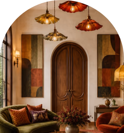 Warm-toned living room with a curved olive green sofa and burnt orange armchair, both with patterned cushions, facing a round wooden coffee table with a floral centerpiece. Behind is an arched wooden door flanked by abstract rectangular wall art and soft, ambient lighting including four colorful pendant lights overhead and a vintage floor lamp with a fringed shade.