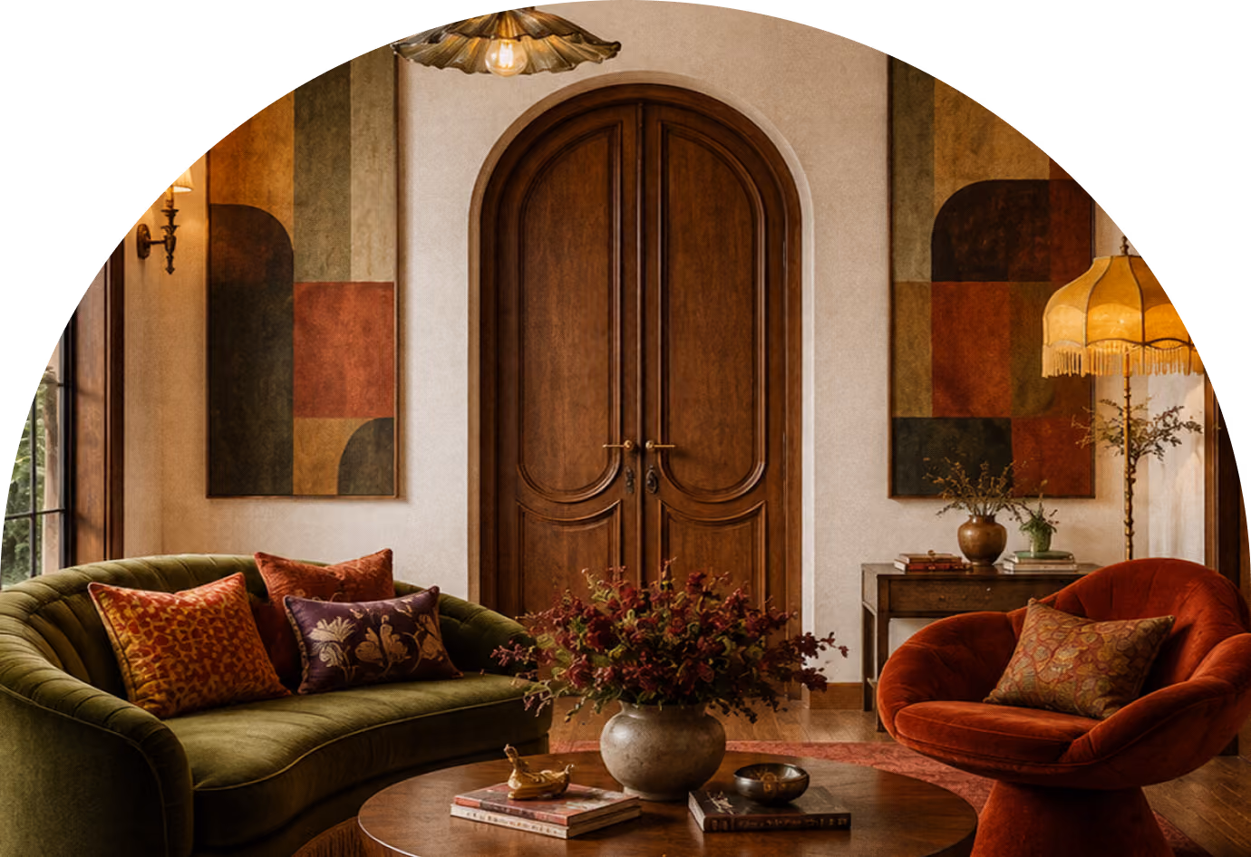 Cozy living room with a curved green velvet sofa with patterned cushions, a red upholstered chair, a round wooden coffee table with a large vase of flowers and books, and a closed arched wooden door in the background framed by two abstract geometric paintings.
