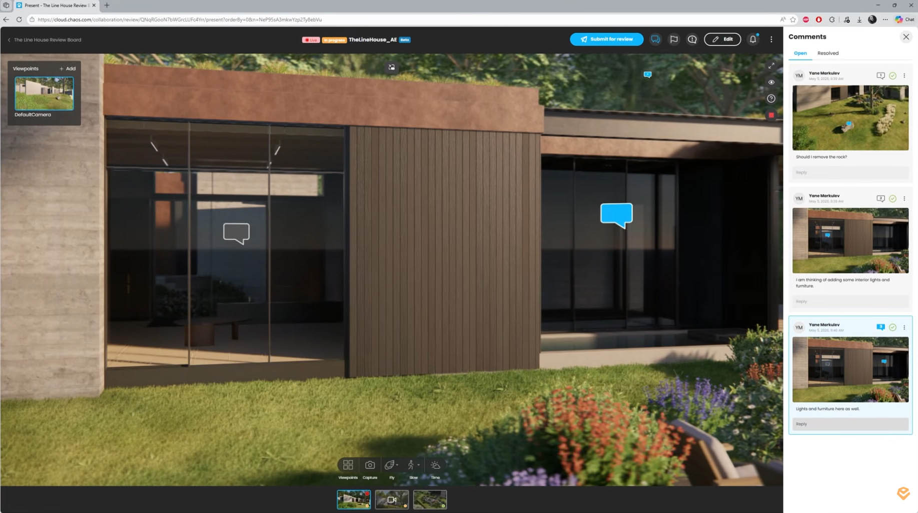 Interaktives Enscape-3D-Modell in Chaos Cloud Collaboration mit angehefteten Kommentaren zu Beleuchtung und Möbeln