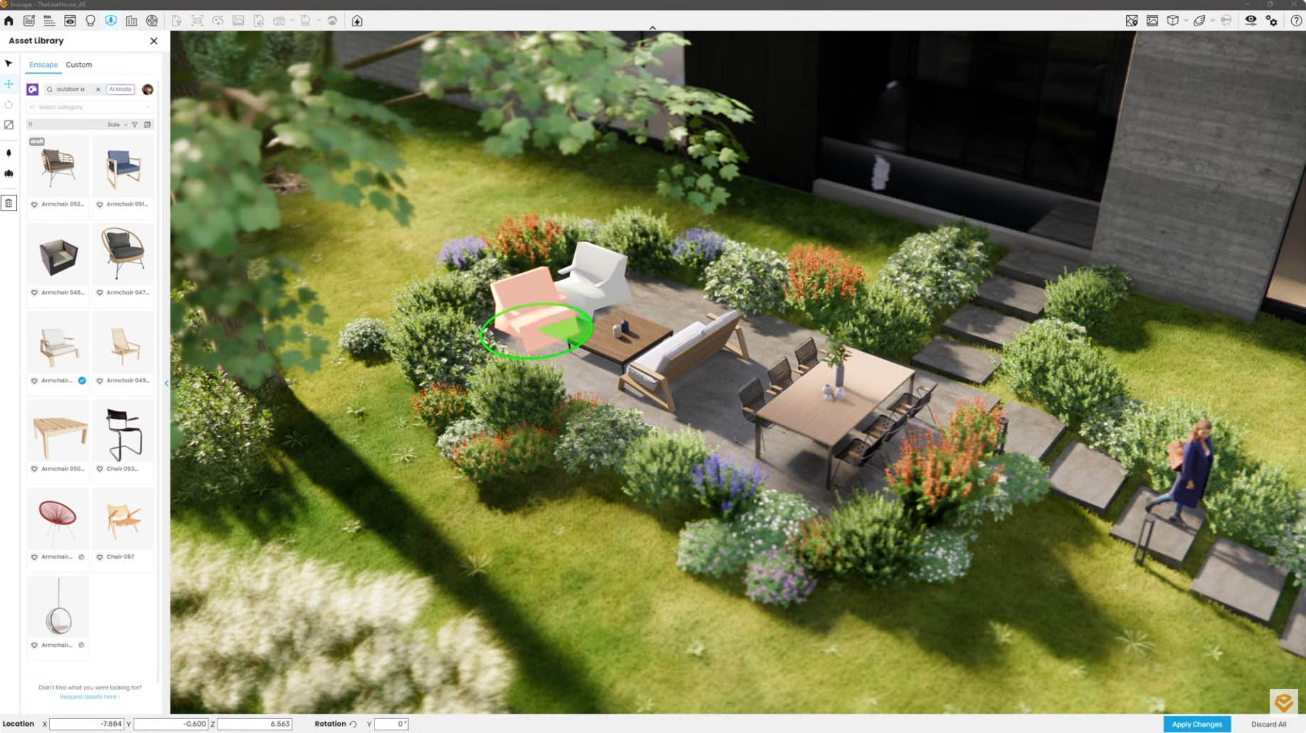 Enscape Asset Library beim Austauschen eines Sessels in einer gerenderten Gartenszene