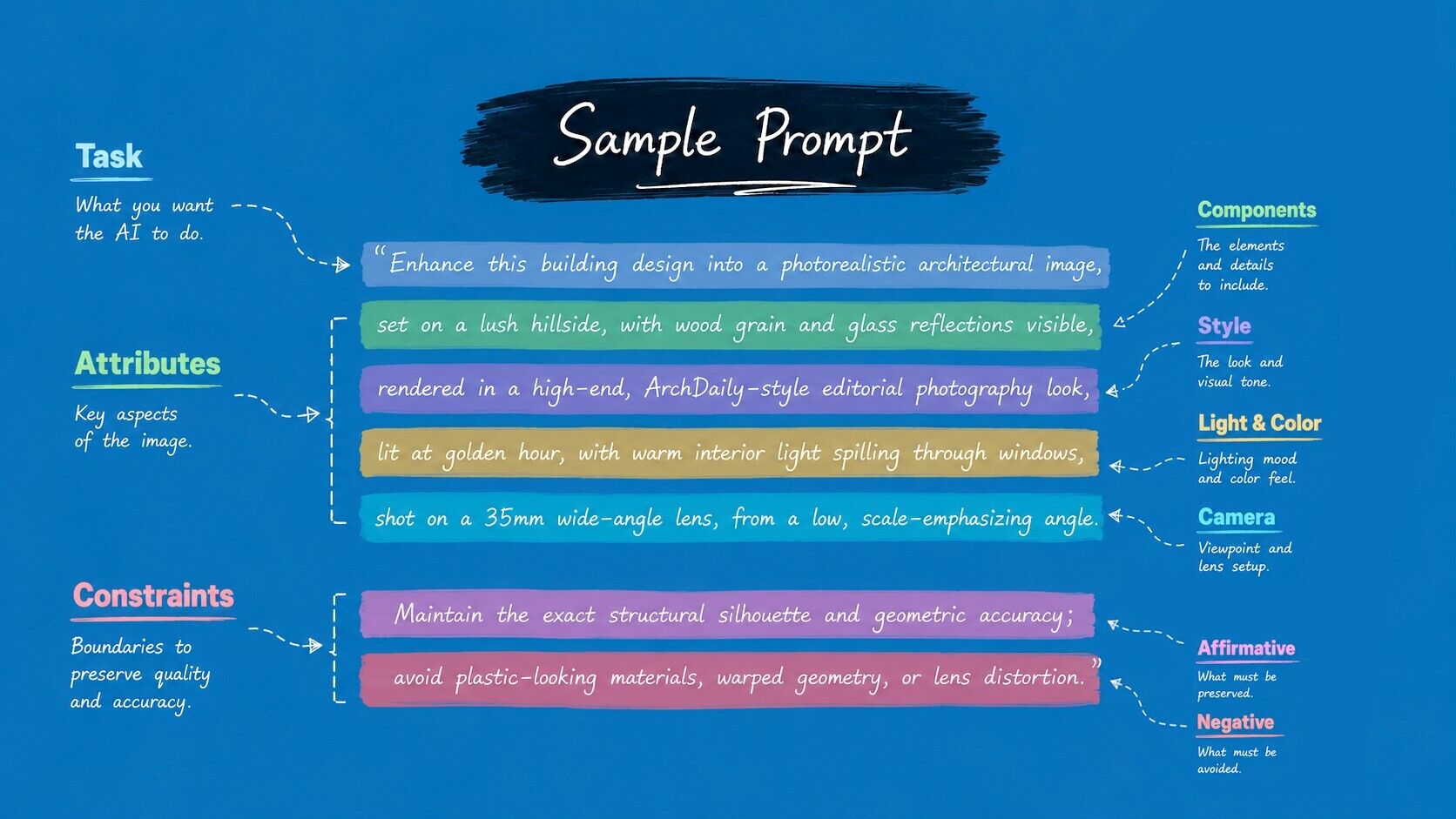 Sample Veras prompt broken into task, attributes, and constraints with labeled color-coded sections.