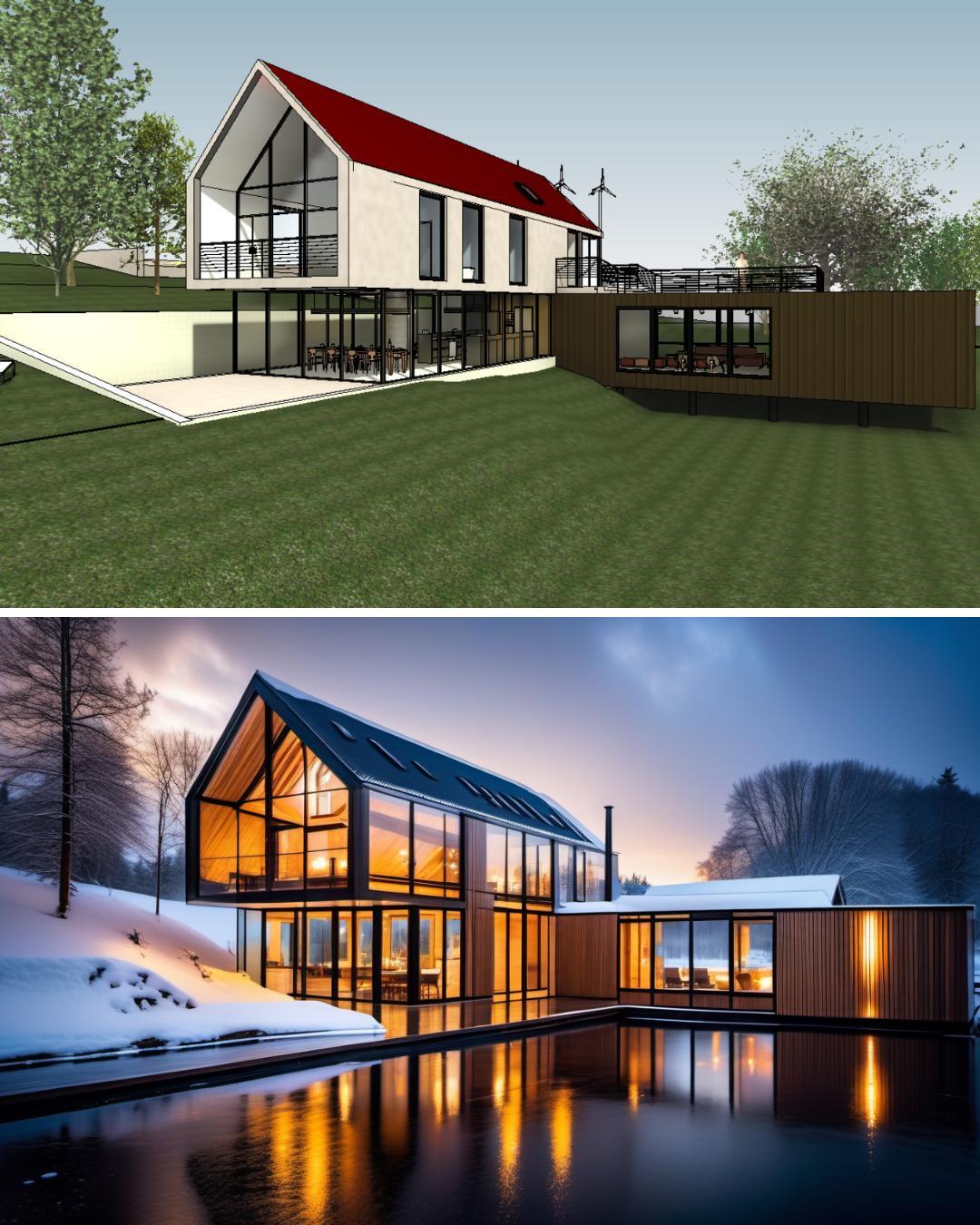 Gegenüberstellung eines SketchUp-Modells und desselben Entwurfs als Veras-Rendering