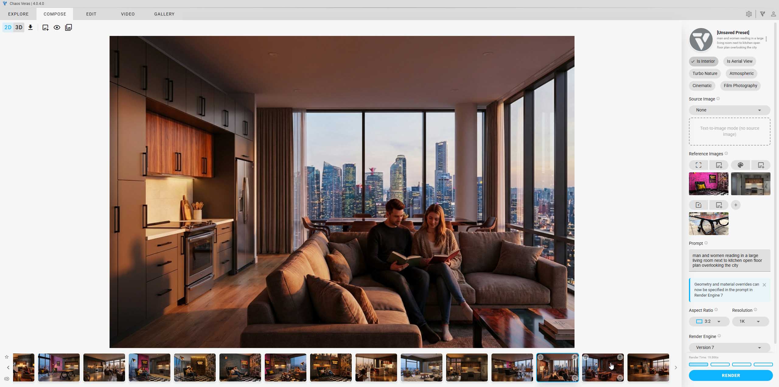 Veras Reference Image mit modernem Apartmentinterieur, lesendem Paar und Panoramablick auf die Skyline