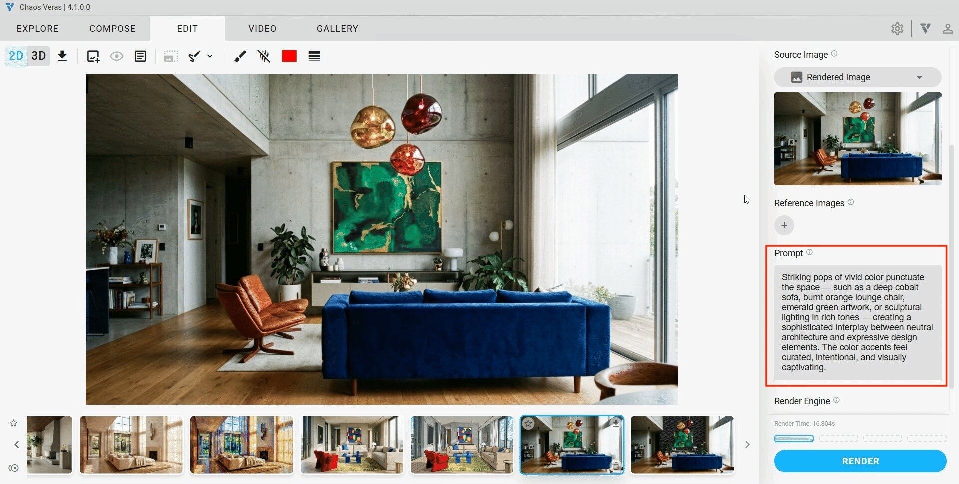 Screenshot des Veras-Edit-Bereichs mit einem ausführlichen Prompt für das Rendering eines Wohnzimmers
