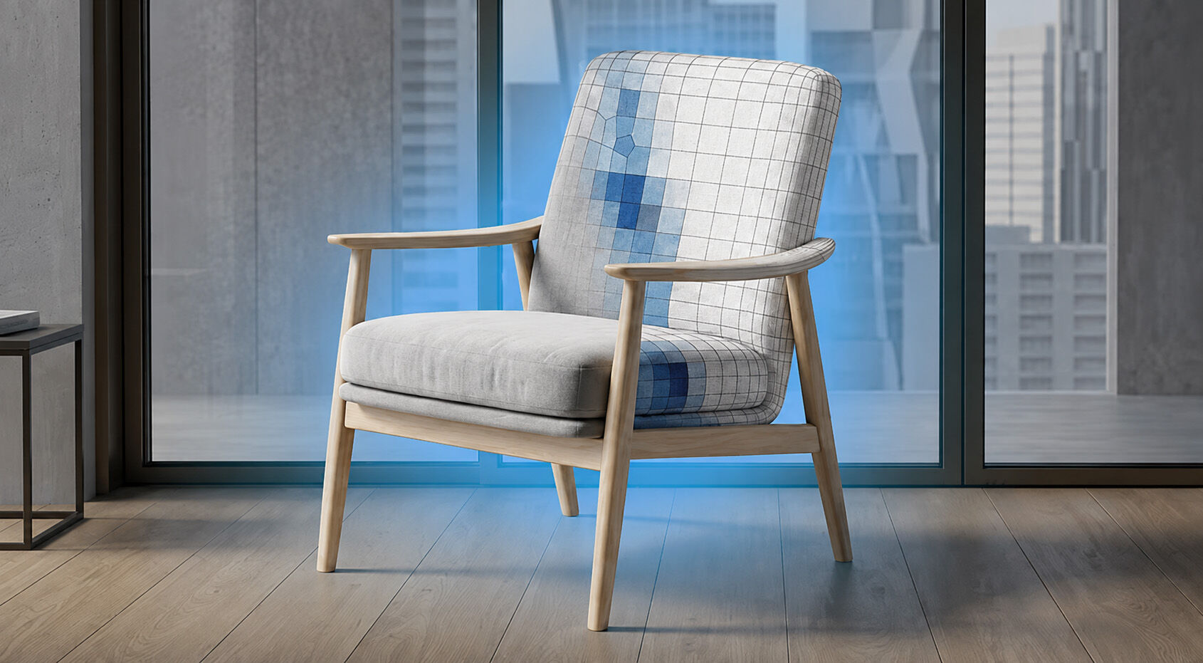Veras Render of a wood-framed armchair with grid-patterned upholstery in front of a city skyline window view.
