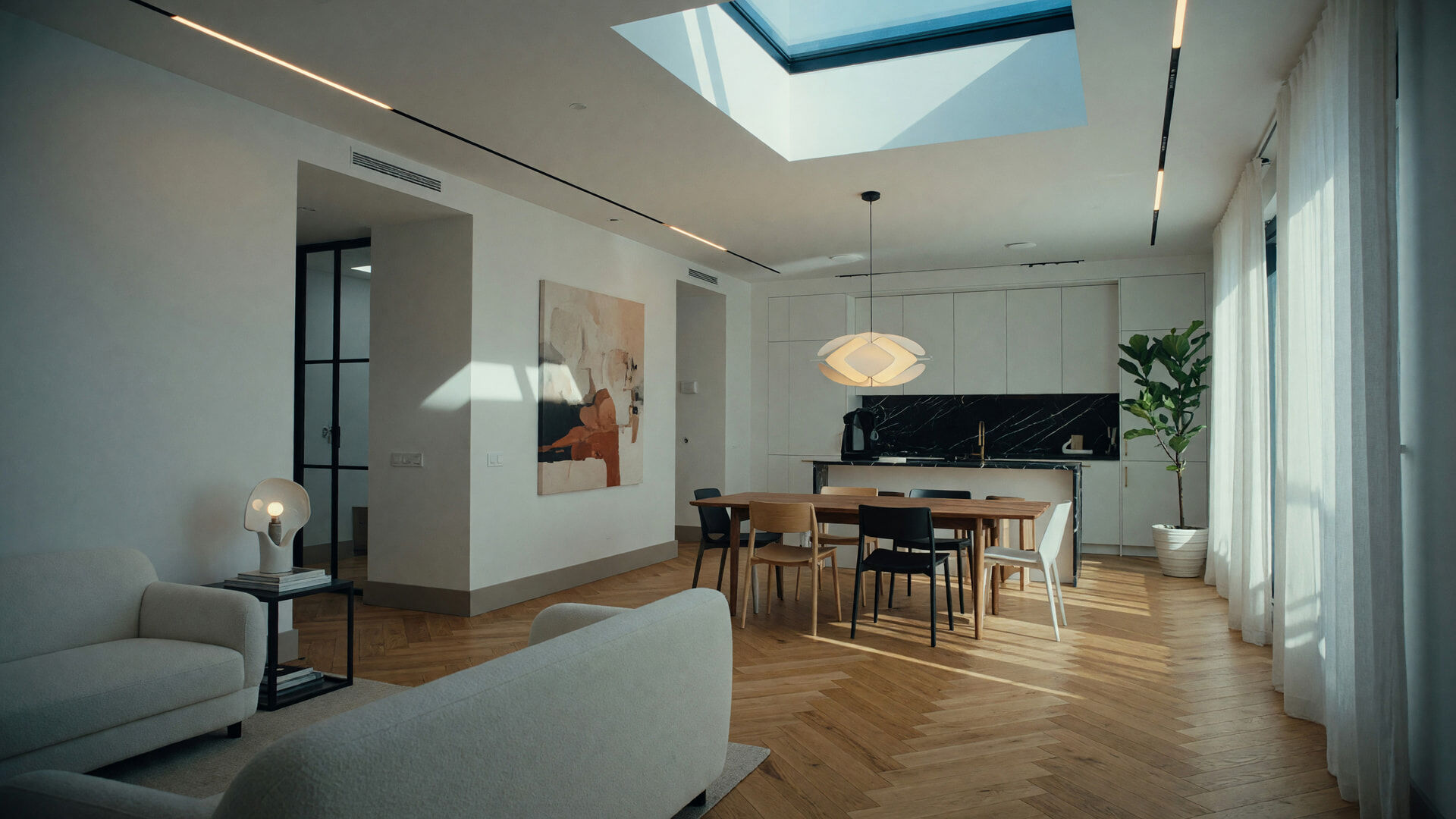 Veras-enhanced render of a modern open-plan living and dining room with herringbone floors and a skylight above the table.
