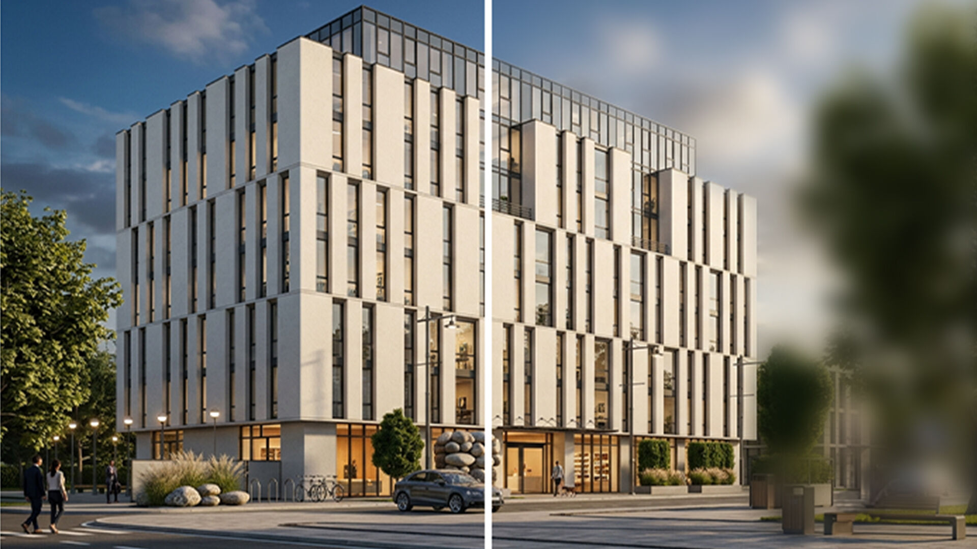 Split-view Veras rendering of a beige apartment building, contrasting sharp focus with a blurred background.