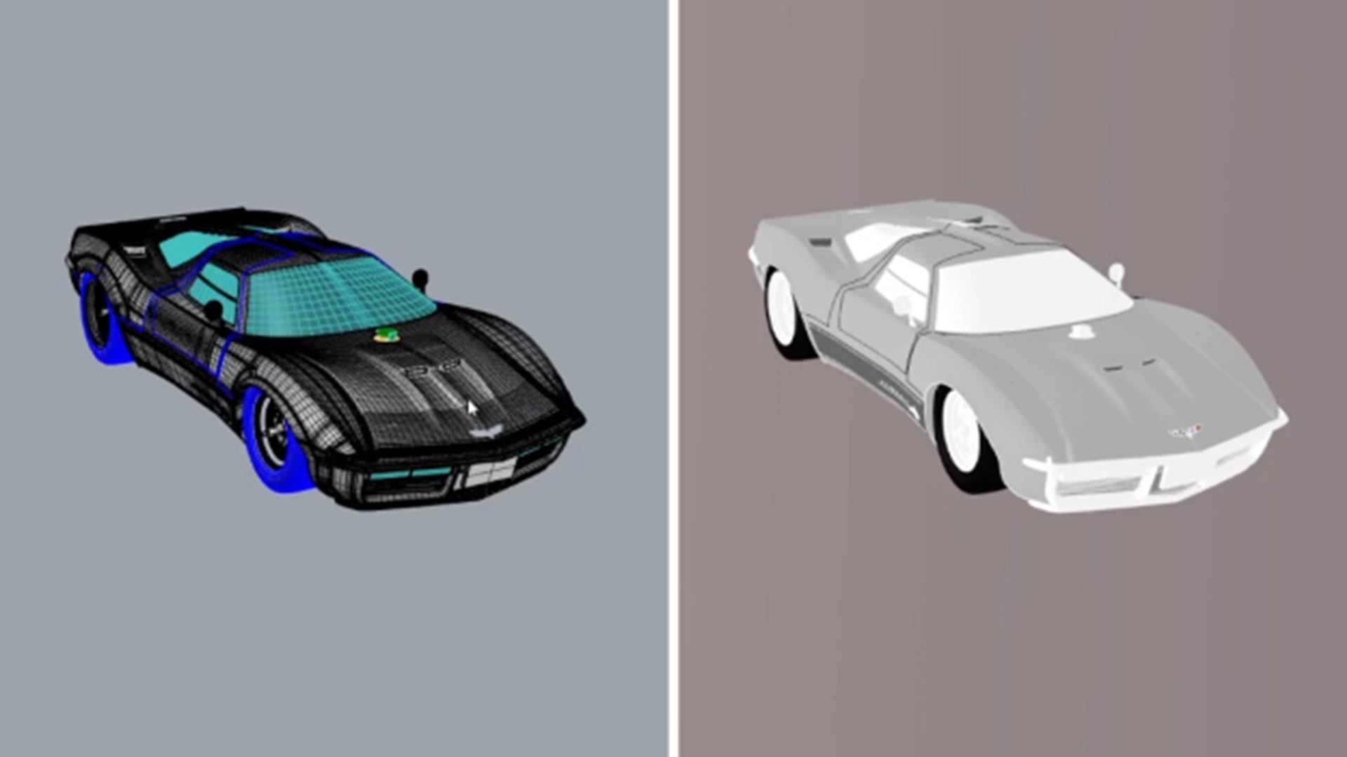 Veras and Rhino split comparison of a wireframe sports car model and its shaded gray render.