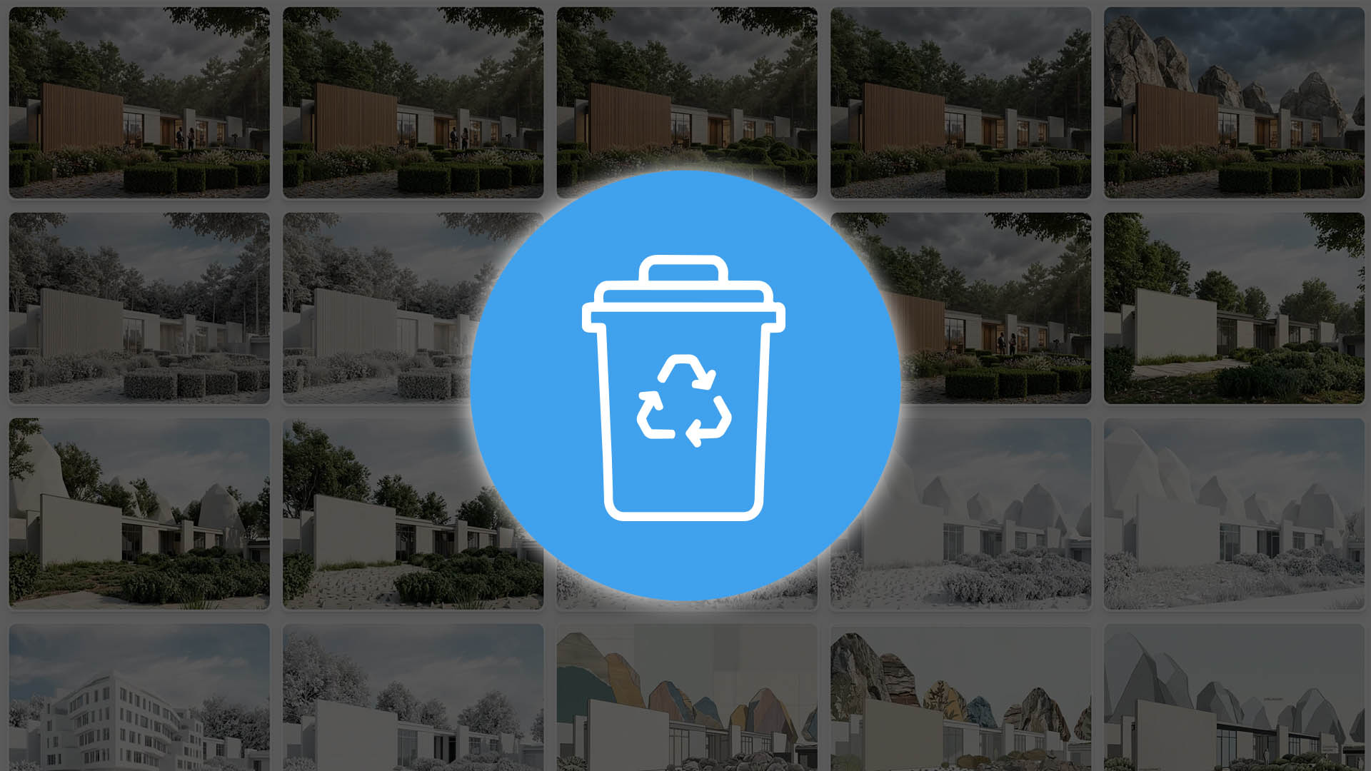 Grid of house renderings with a trash and recycling icon overlay, symbolizing render history recovery in Veras.