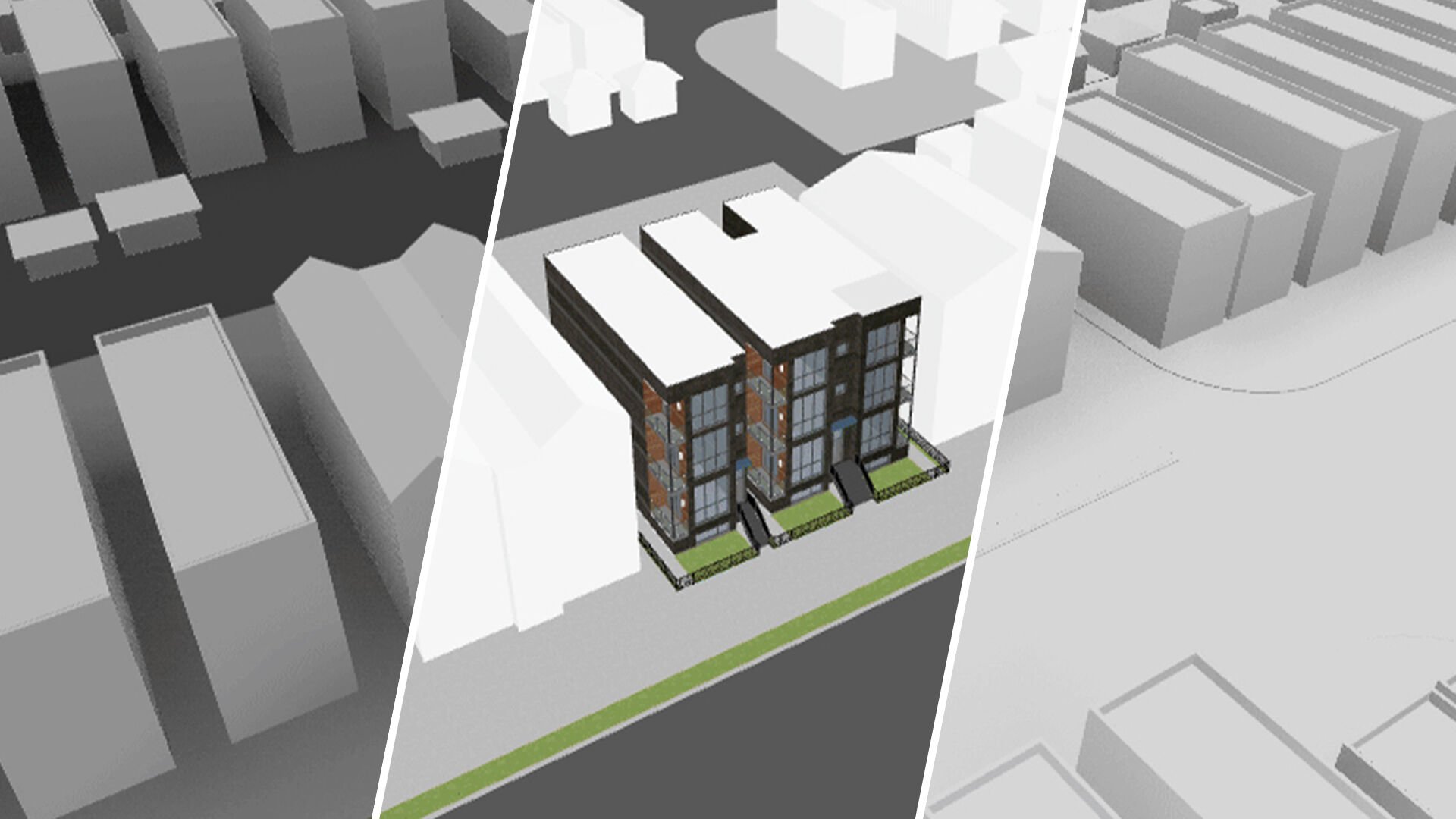 Split-panel city block Veras rendering showing gray massing transitioning into a detailed apartment building.