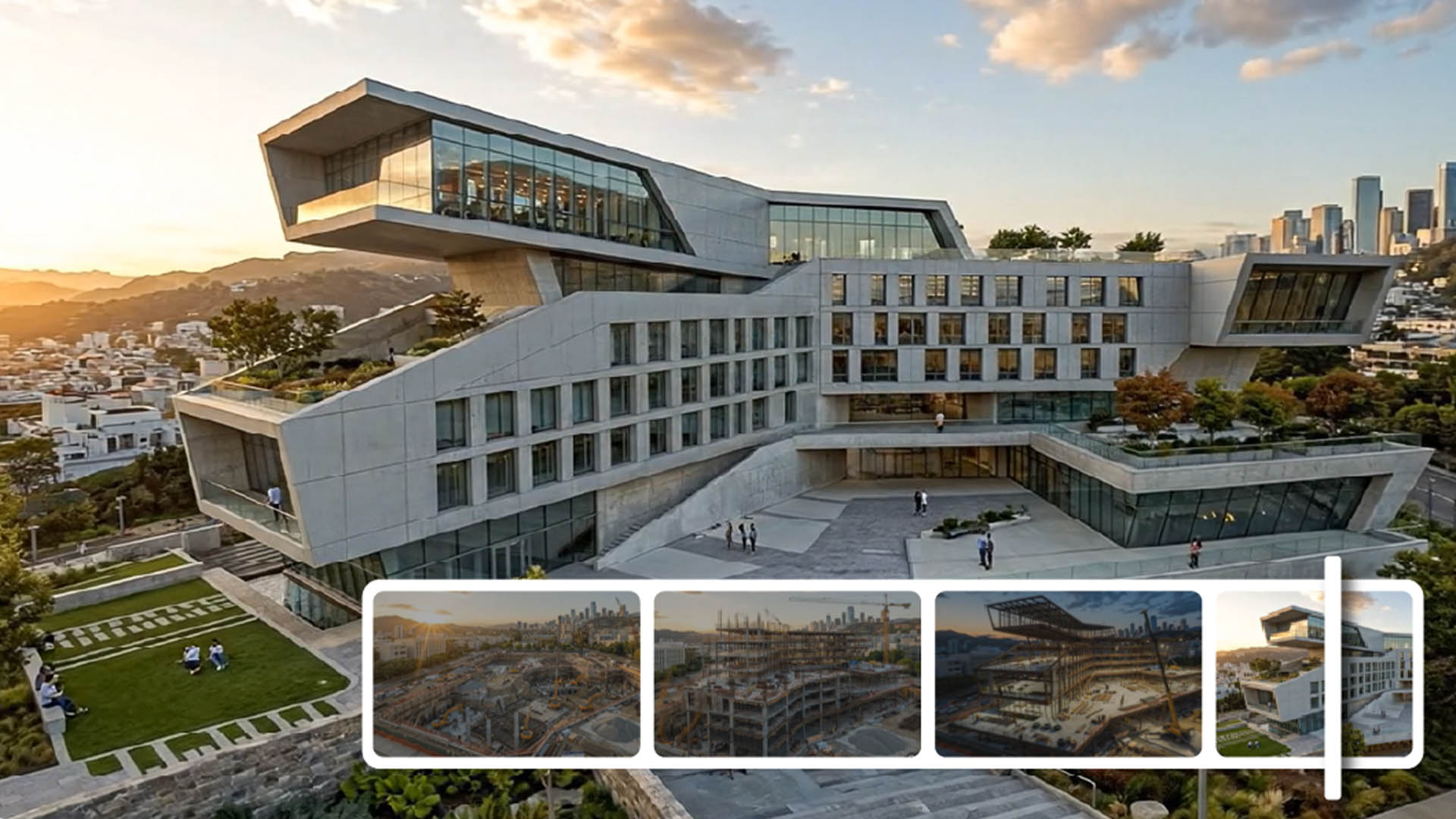 Aerial view in Veras of an angular concrete campus building with a filmstrip of its construction progress below.