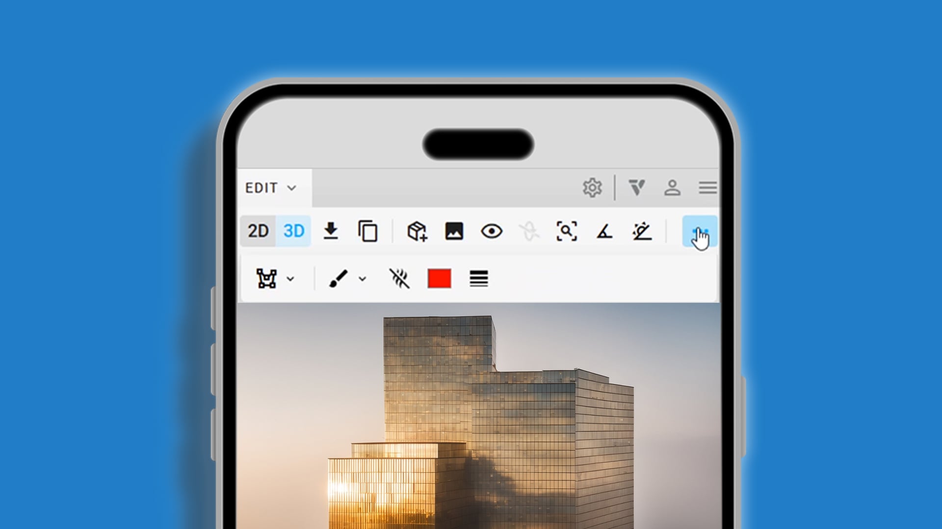 Mobile phone screen showing the Veras 3D viewer app editing a rendered high-rise building with red color tool selected.