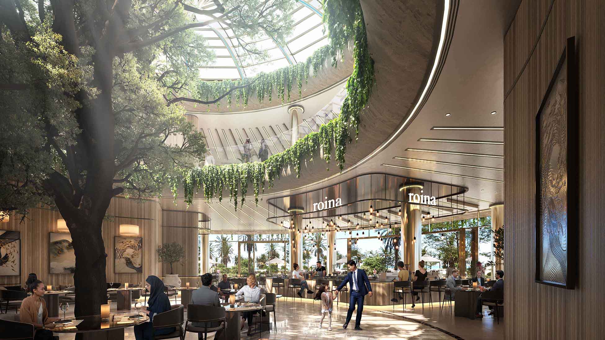 3D-Visualisierung eines luxuriösen Atriumrestaurants mit Oberlicht, großem Baum und üppiger Begrünung.