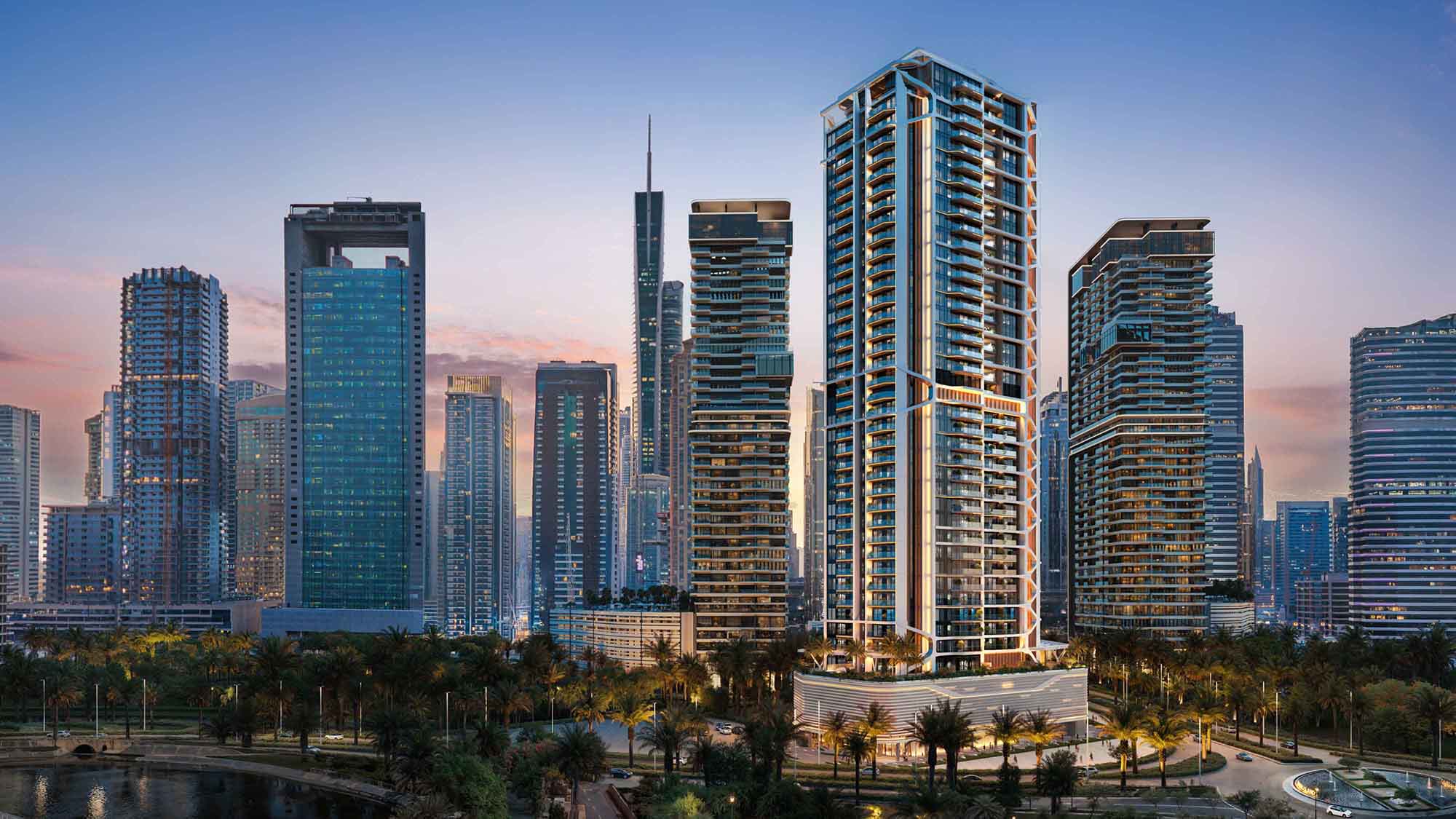 3D-Visualisierung eines modernen Wohnturms in der Skyline von Dubai bei Abenddämmerung.