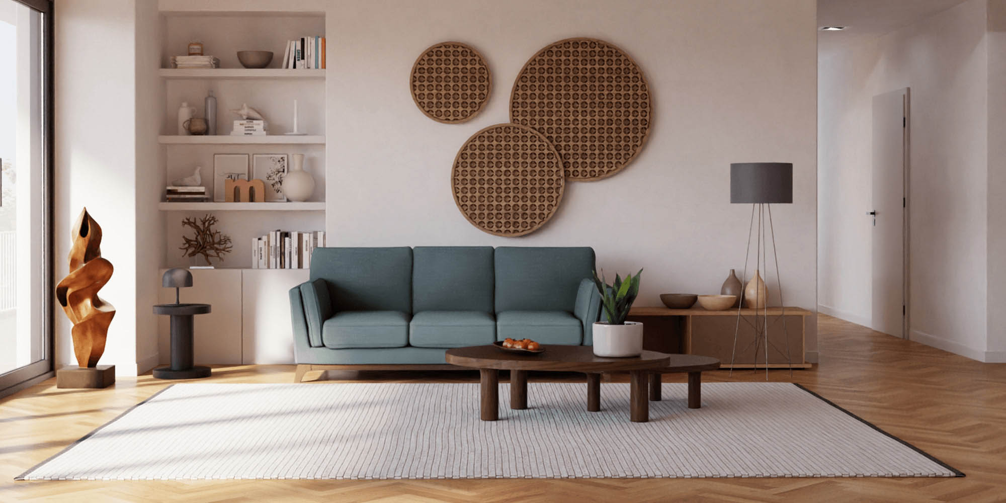 Chaos render of a minimalist living room filled with Cosmos assets such as a teal sofa, round wall art, and rounded wooden coffee table.