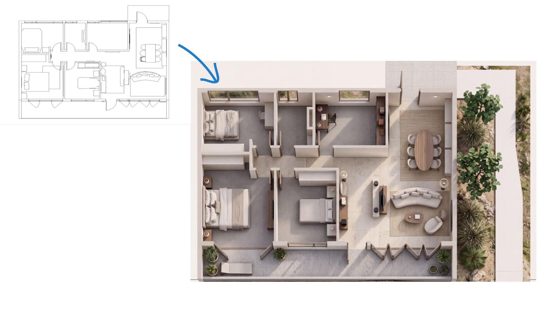 2D-CAD-Grundriss und mit Veras AI erzeugte fotorealistische 3D-Draufsicht mit Möblierung.