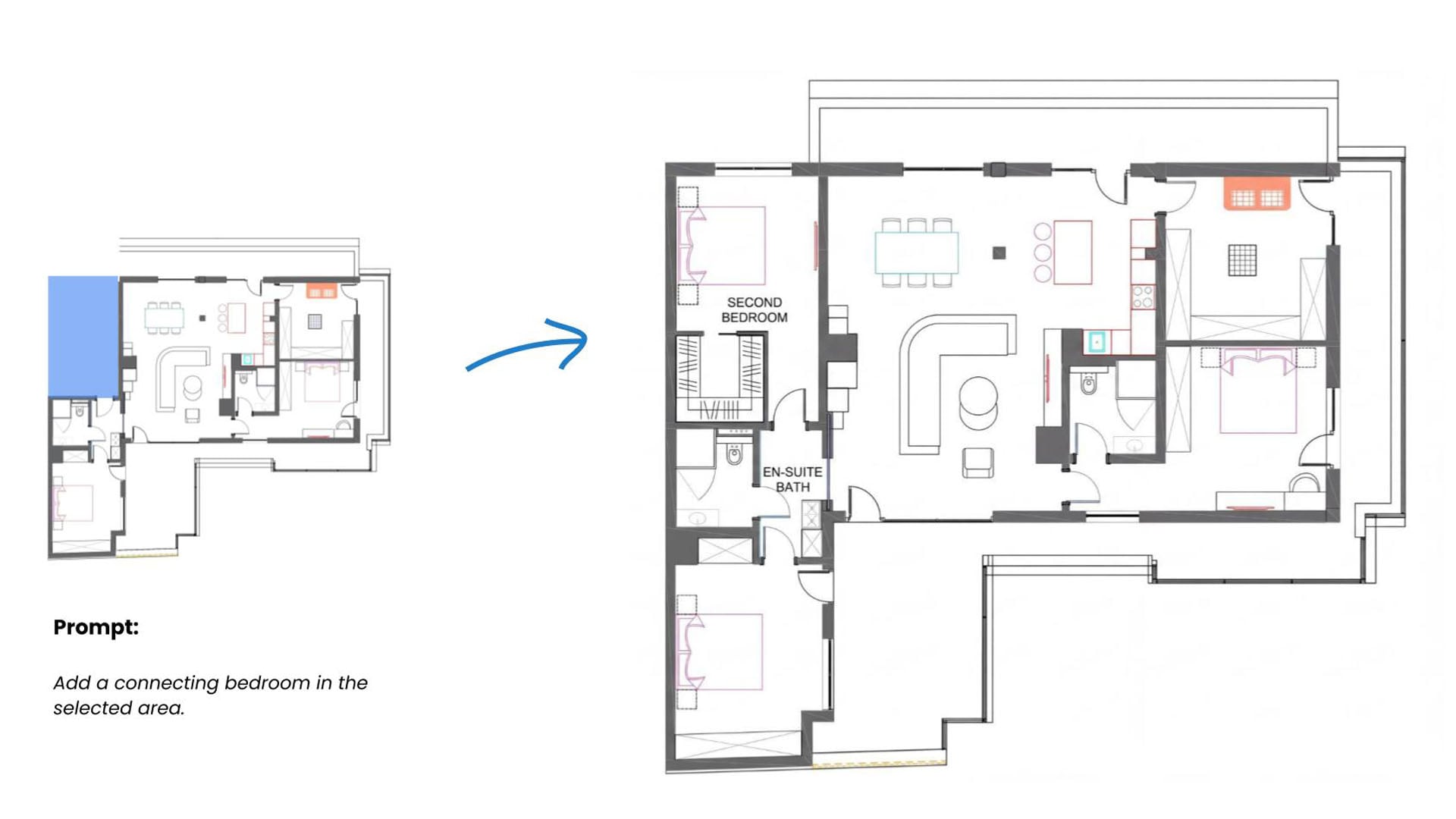 Mit Veras Smart Selection bearbeiteter Grundriss mit zusätzlichem Schlafzimmer und eigenem Bad im ausgewählten Bereich.