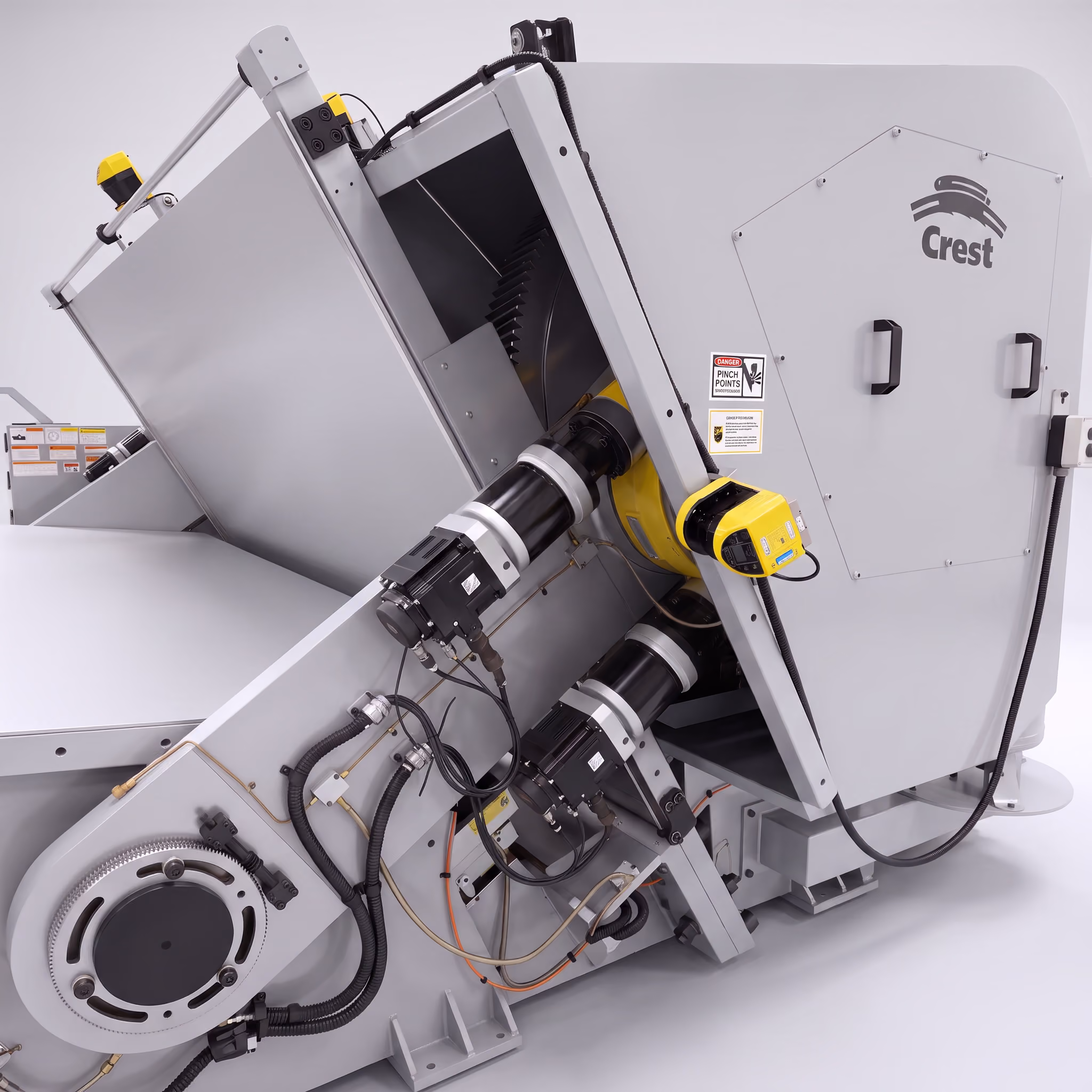 Industrial Crest-branded machine with grey casing, two black cylindrical components attached to an angled support frame, yellow sensors, and visible wiring, set against a plain white background.