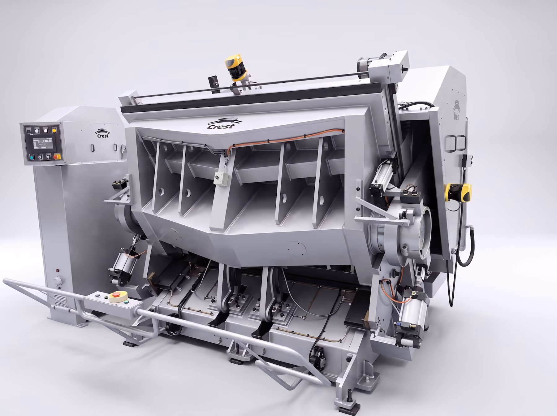 Industrial metallic machine labeled Crest, featuring multiple compartments, control panel with buttons and display, and safety guards, set against a plain light background.