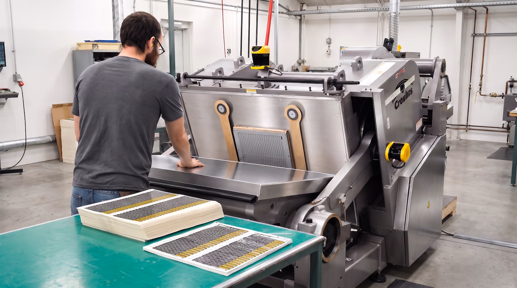 Man operating a large industrial printing machine in a workshop, with printed sheets on a nearby green table.