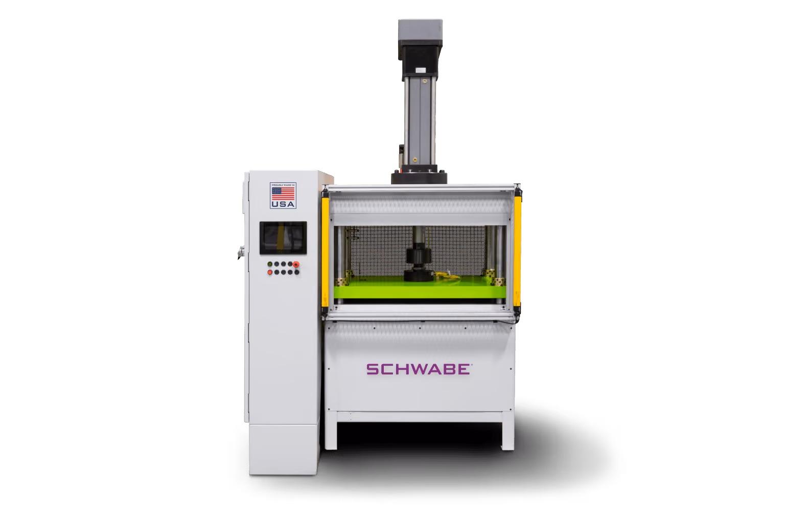 White industrial machine with a vertical press component and a control panel on the left side displaying a USA flag, the brand name SCHWABE is printed in purple on the front base, safety yellow guards surround the working area with a green platform inside.