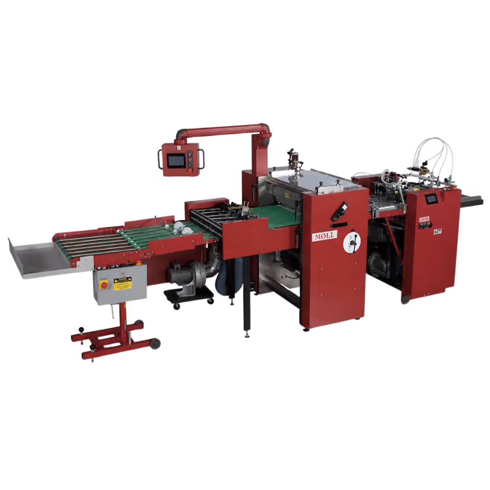 Industrial red and green packaging machine with conveyor belts, a control screen on an adjustable arm, and multiple mechanical components for automated processing.