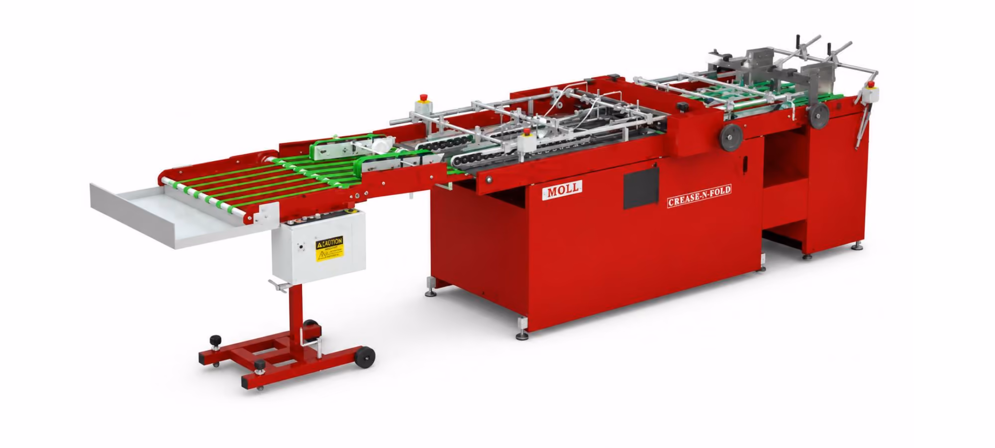 Red industrial machine labeled 'MOLL' and 'CREASE & FOLD,' designed for folding and creasing paper or similar materials, with conveyor belts and metal rollers.