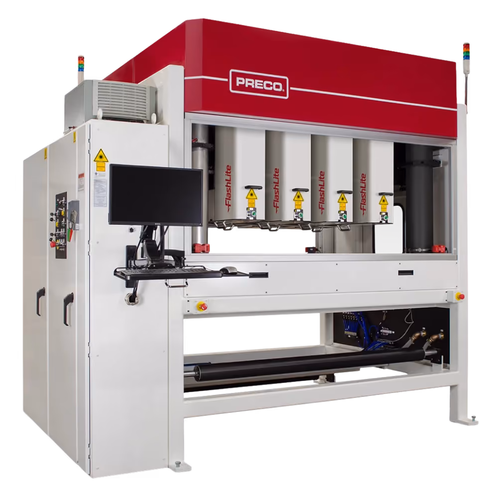 Industrial machine labeled PRECO with a red top section and multiple white vertical components marked 'FlashLite,' featuring a mounted computer monitor and keyboard on the left side.