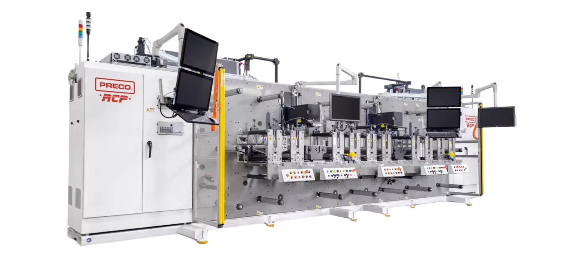 Large industrial printing machine with multiple control panels, rollers, and six black display monitors mounted on adjustable arms, labeled PRECO RCP.