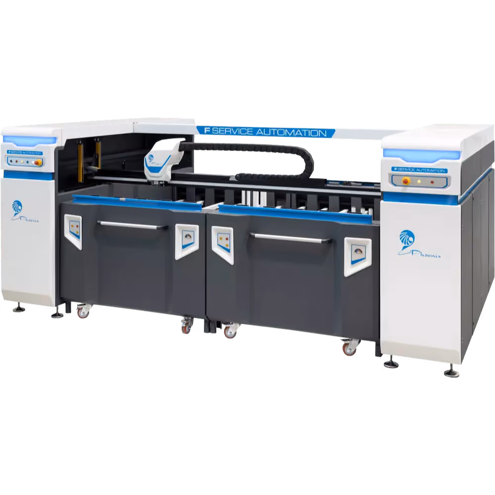 Large automated service machine labeled 'service automation' with a robotic arm inside, white and dark gray panels, blue accents, and mounted on wheels.
