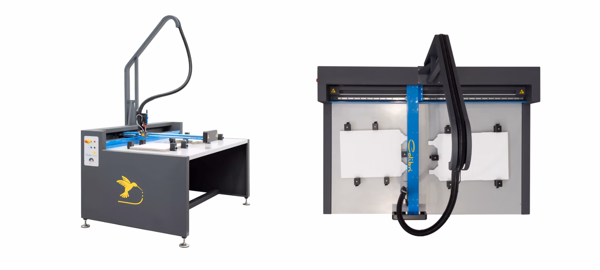 Two views of a flatbed cutting machine with a gray and blue frame and a yellow hummingbird logo, showing the side and top perspectives against a white background.