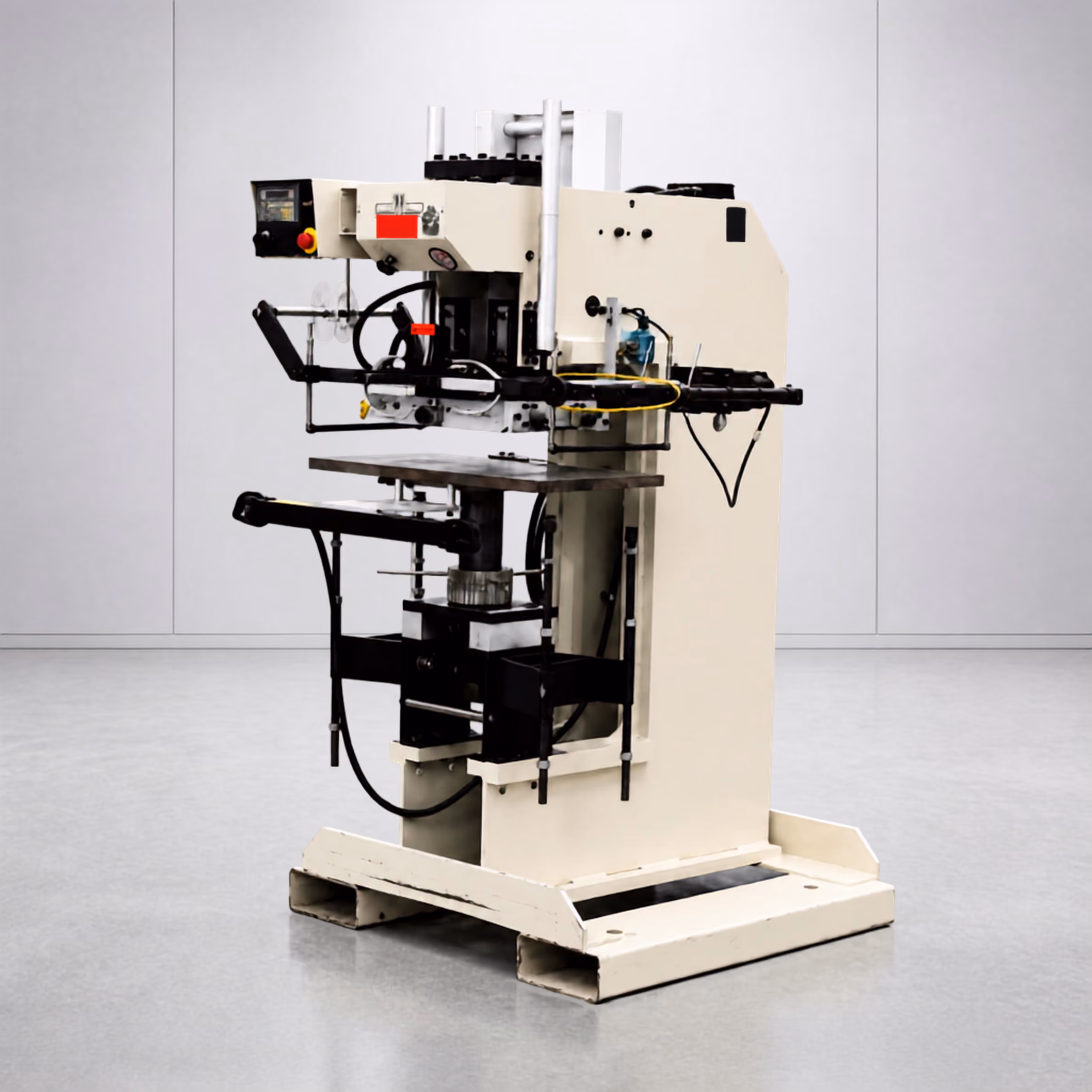 Industrial die cutting press machine in a clean, empty room with a gray floor and white walls.