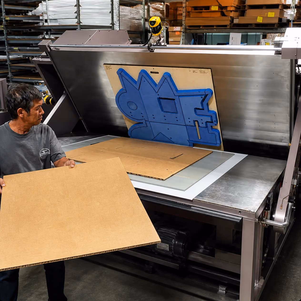 Worker holding a corrugated cardboard sheet next to a large industrial machine with a blue cutting die mounted inside, used for shaping cardboard pieces in a factory setting.