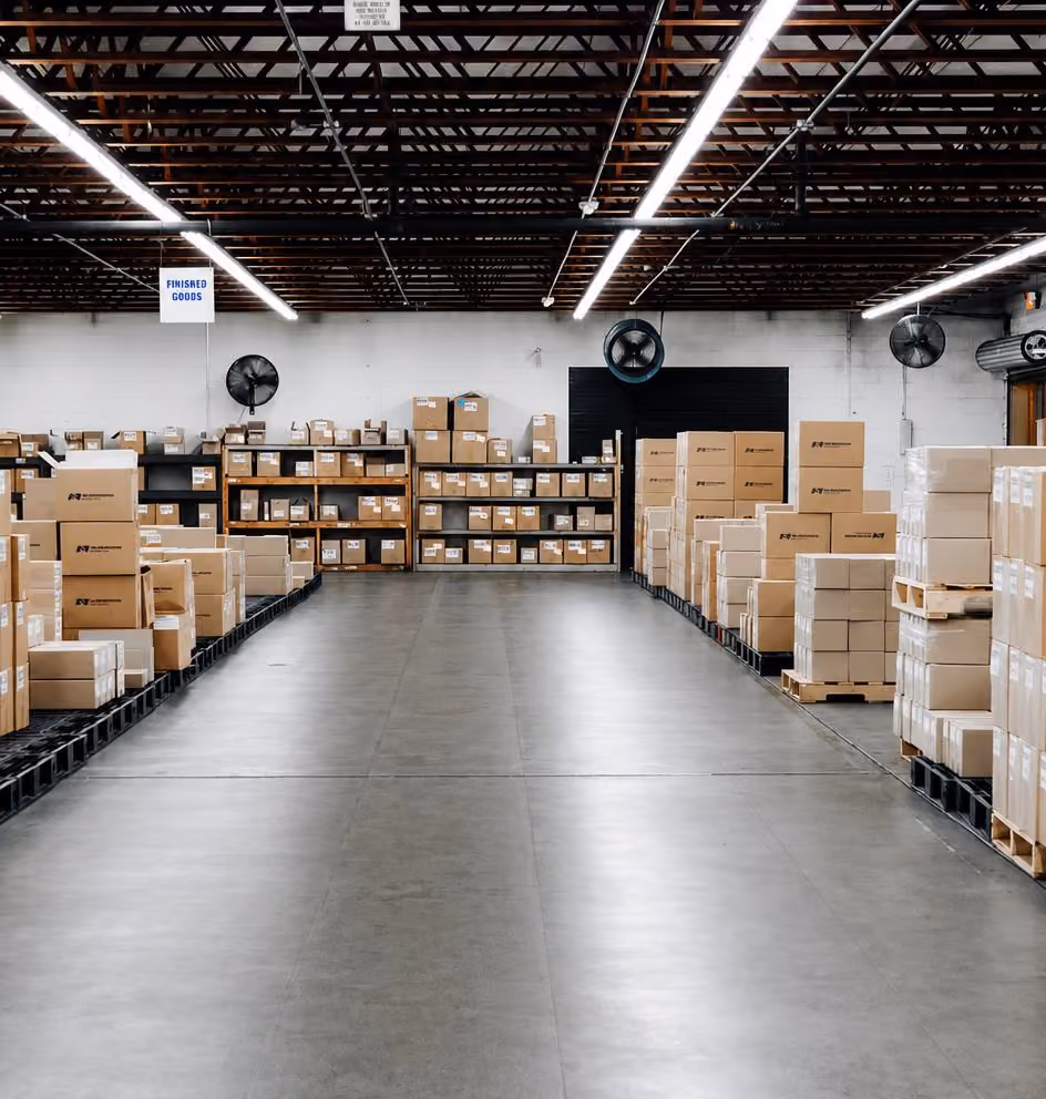 Warehouse aisle with rows of stacked cardboard boxes on pallets along both sides, under a ceiling with exposed beams and fluorescent lights.