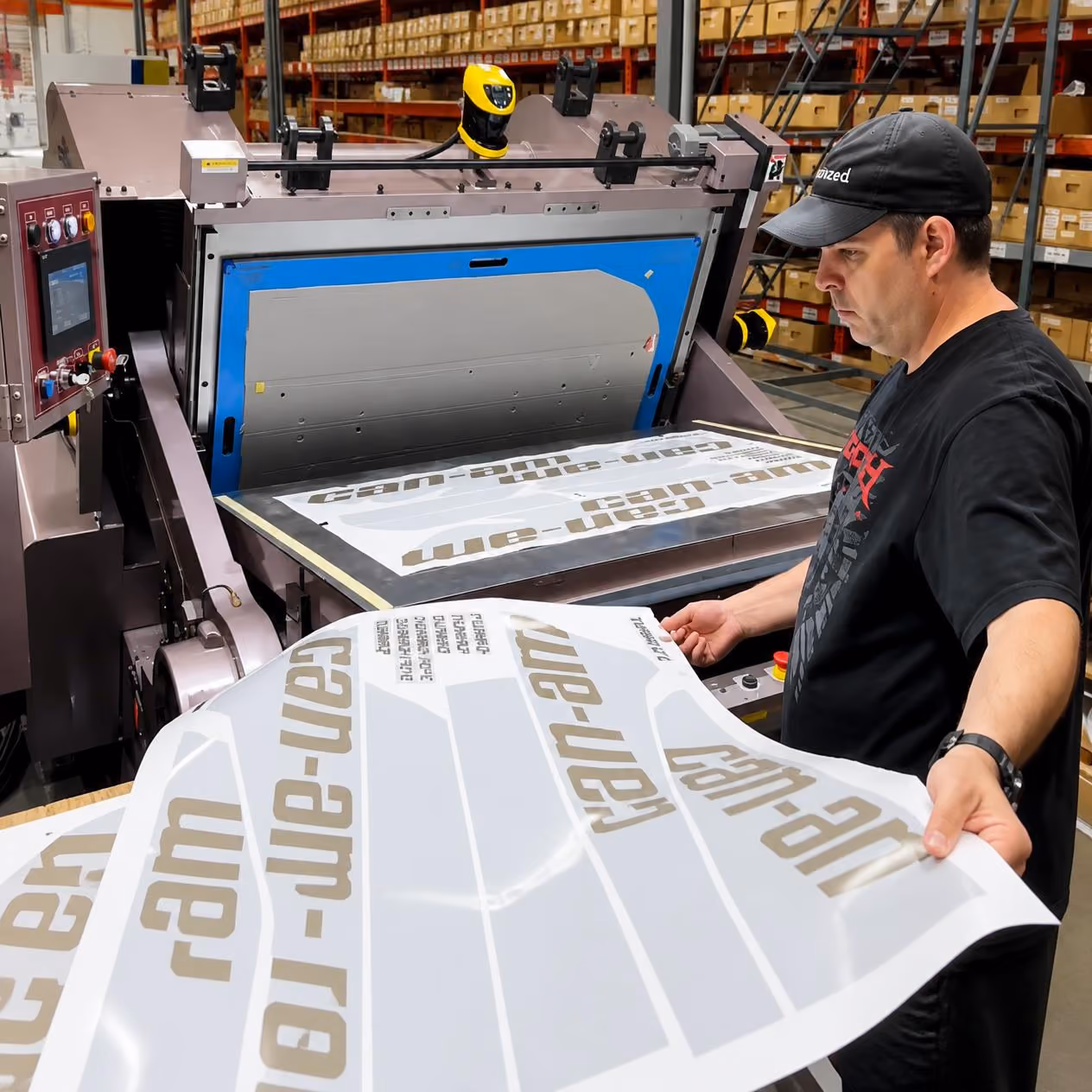 Man in a black shirt and cap operating a large printing machine inside a storage warehouse, holding a sheet of printed vinyl or decal material with 'ram-gen' text and shapes.