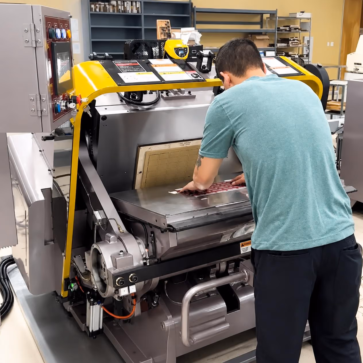 Man in a teal shirt operating a large industrial machine with multiple control buttons and a metallic work surface in a workshop setting.