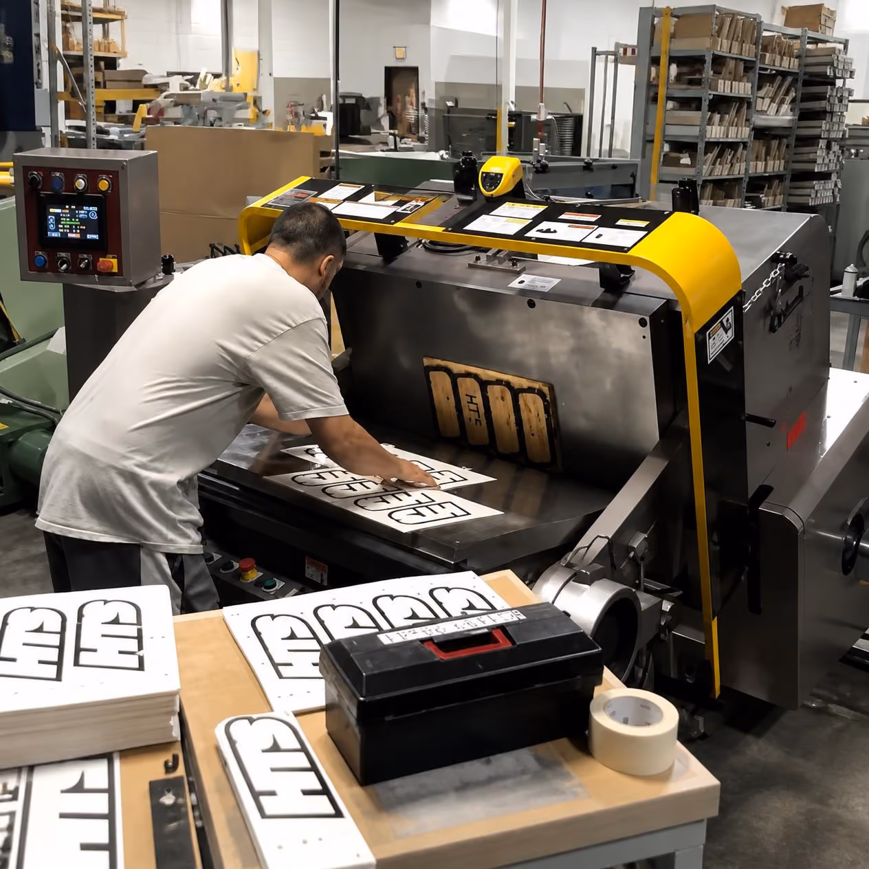 Worker wearing a light gray shirt arranging multiple black and white printed sheets on a large industrial cutting machine in a spacious factory setting with shelves and equipment in the background.