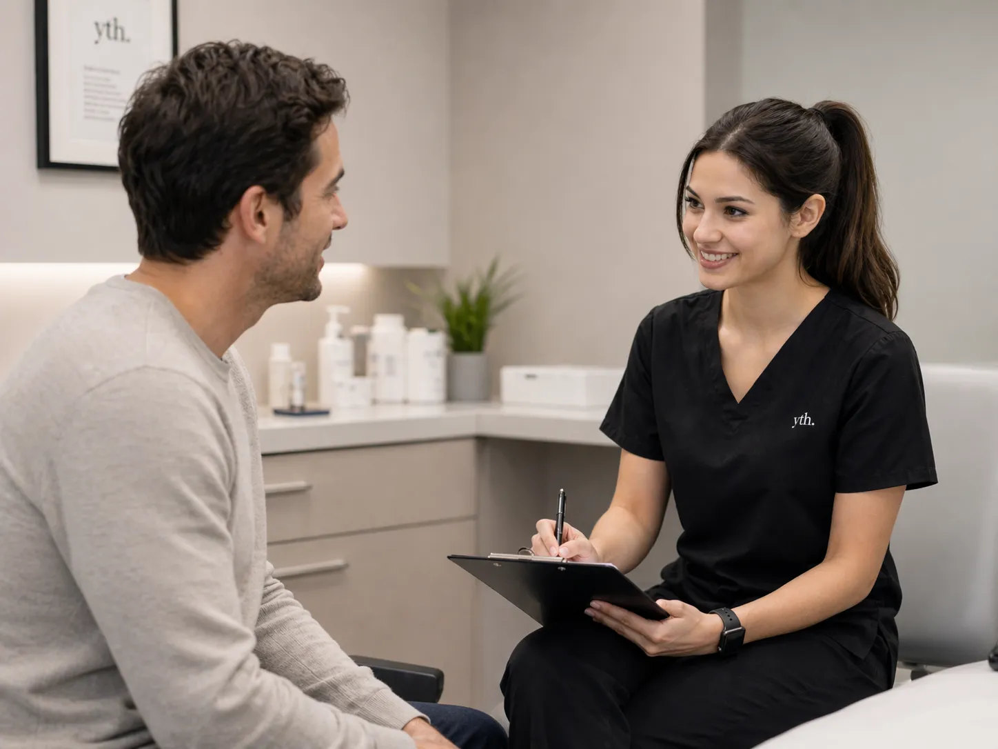 YTH Wellness provider taking notes during a consultation with a male patient