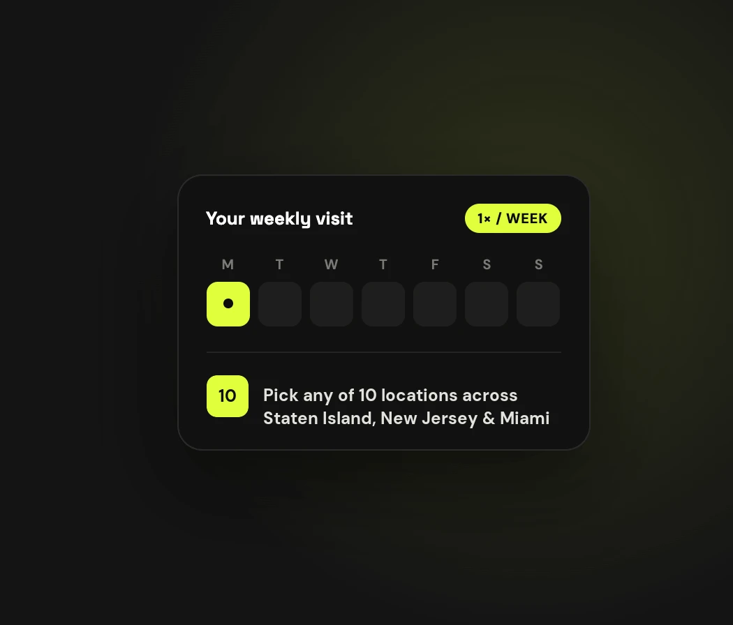 Weekly visit planner showing appointment days at 10 YTH Wellness locations across Staten Island, New Jersey & Miami